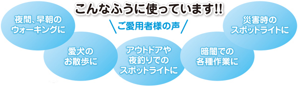 こんなふうに使っています!!～ご愛用者様の声～夜間、早朝のウォーキングに・愛犬のお散歩に・アウトドアや夜釣りでのスポットライトに・暗闇での各種作業に・災害時のスポットライトに